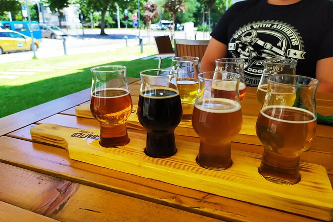 Plovdiv-History and Craft beer Small Group Tour - The beer tasting setup: six samples with a guided lens