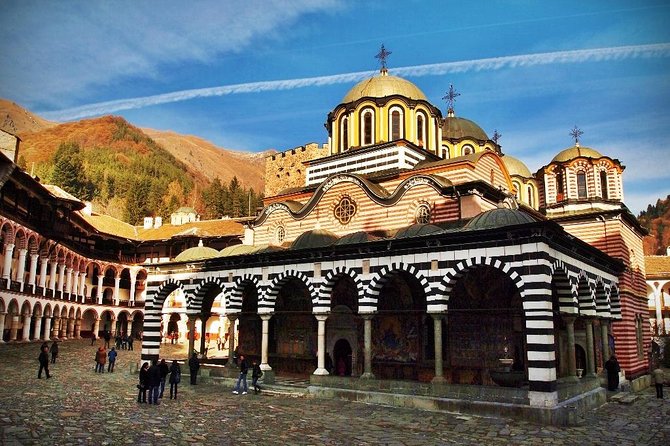 The arcaded courtyard of Rila Monastery below the Rila mountains